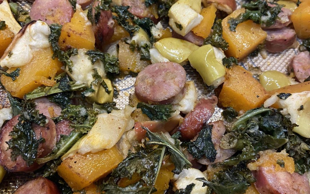 Easy One Pan Butternut Squash, Apple, Kale And Chicken Apple Sausage